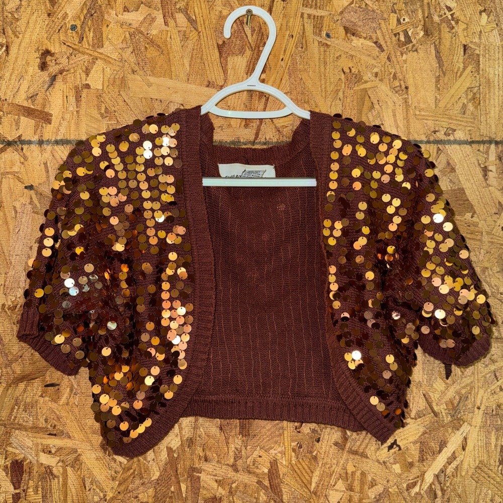 Sweater Project Brown Sequins Shrug Crop Knit Cardigan Y2K Glam Party Boho Large